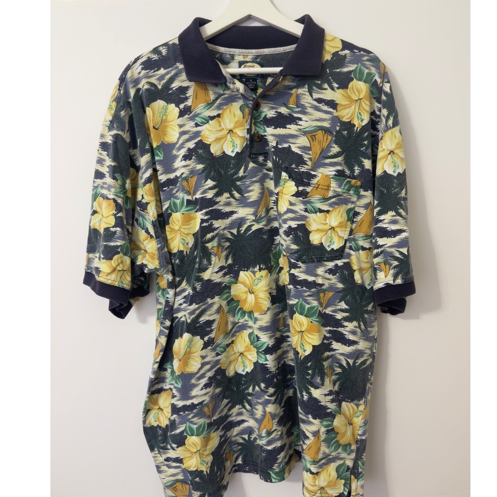 Tommy Bahama Polo Shirt Mens XL Navy Yellow Floral Sailboat Cotton